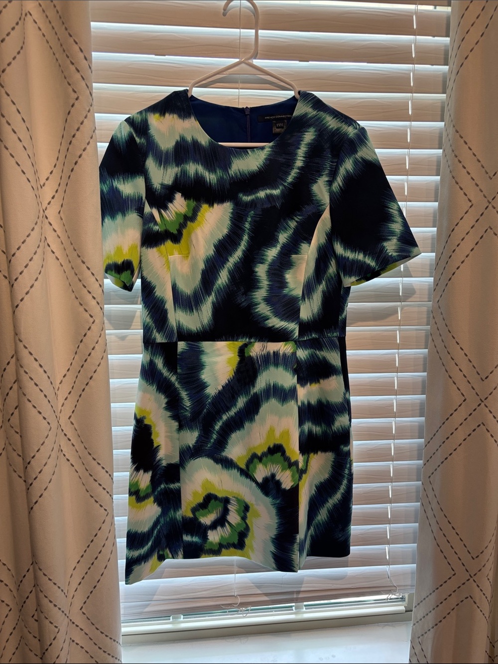 French Connection Short Sleeve Abstract Print Dress in Navy, Teal & Lime